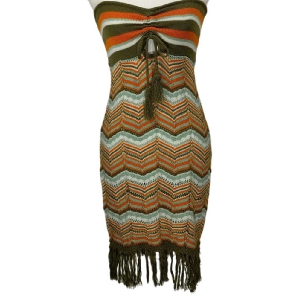 Almost Famous Knit‎ Dress Medium Striped Chevron Fringe Strapless Boho Festival